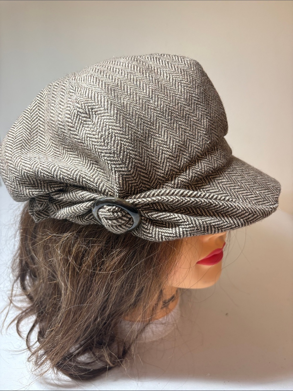 Nine West Brown Poly Herringbone Newsboy Pageboy Hat One Size